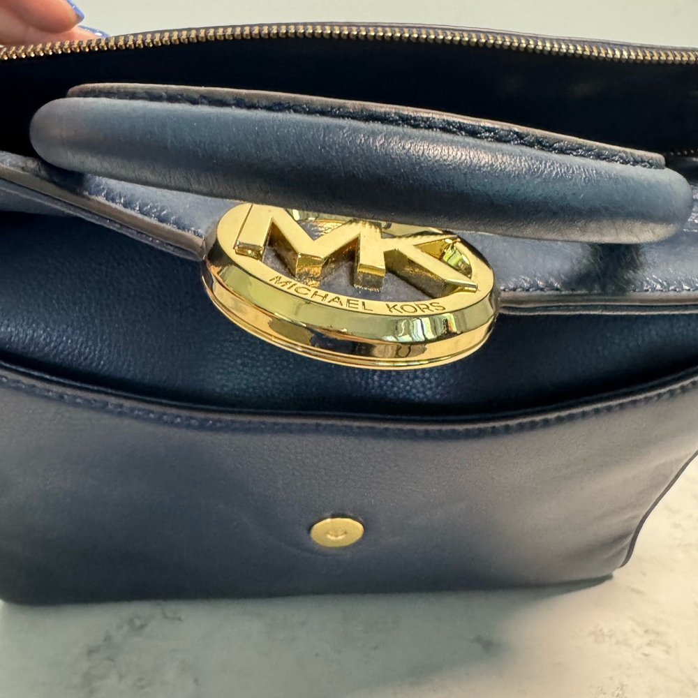 Women's Michael Kors Leather Large Hudson Satchel Tote Navy Blue Gold Logo - Picture 15 of 16